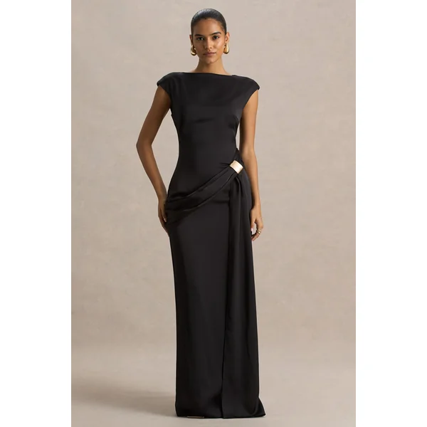 Influence | Robe longue en satin noir à col montant avec détails embellis et froncés
