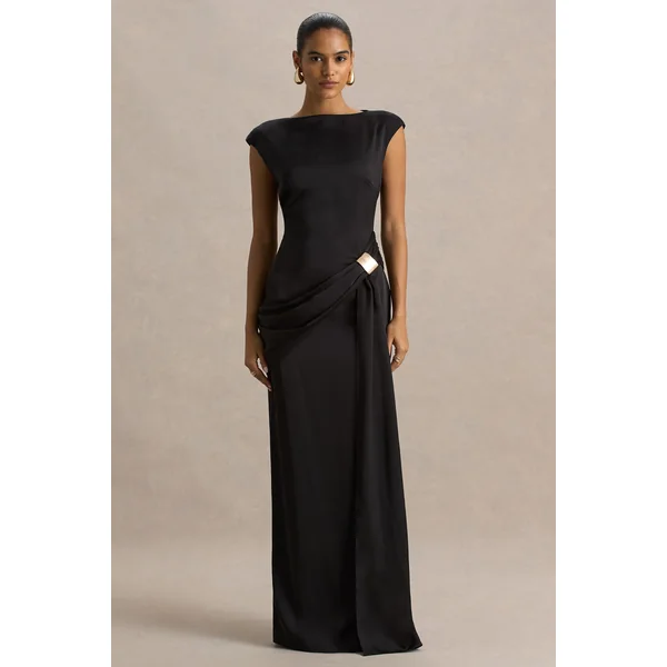 Influence | Robe longue en satin noir à col montant avec détails embellis et froncés