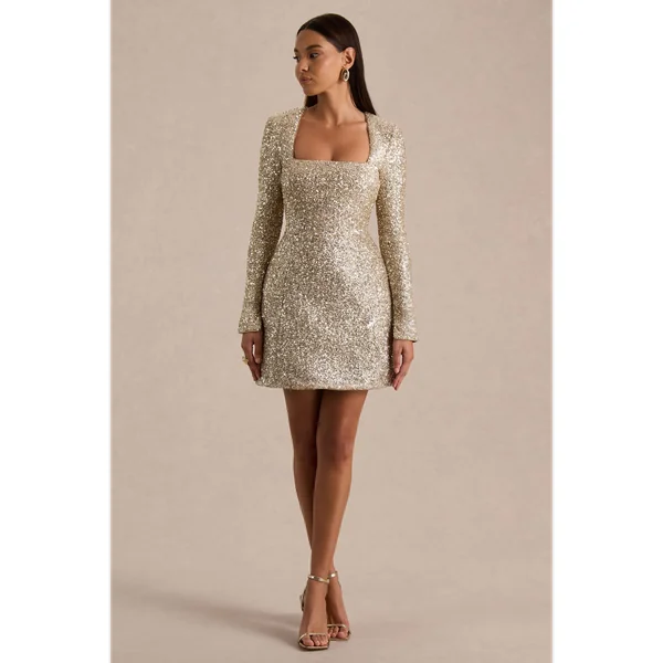 Invite | Mini-robe en sequins dorés à décolleté carré