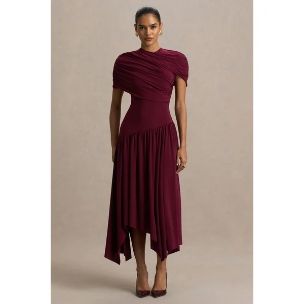 Ione | Robe mi-longue bordeaux portefeuille avec ourlet en pointes