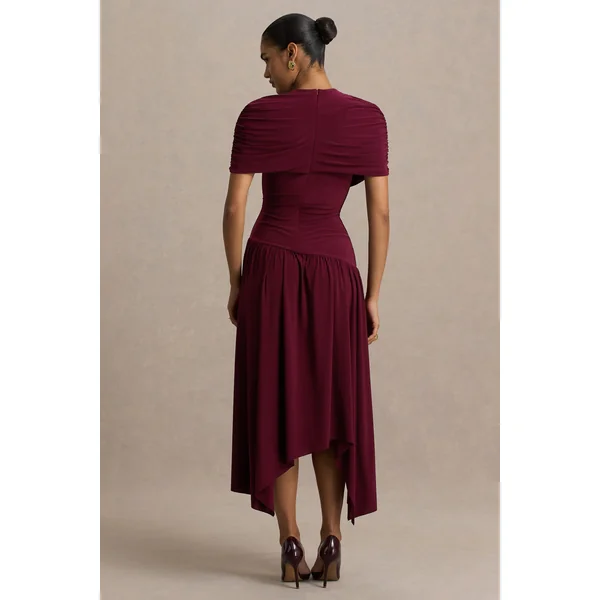Ione | Robe mi-longue bordeaux portefeuille avec ourlet en pointes