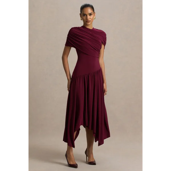 Ione | Robe mi-longue bordeaux portefeuille avec ourlet en pointes