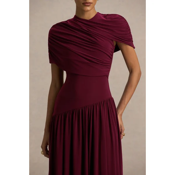 Ione | Robe mi-longue bordeaux portefeuille avec ourlet en pointes