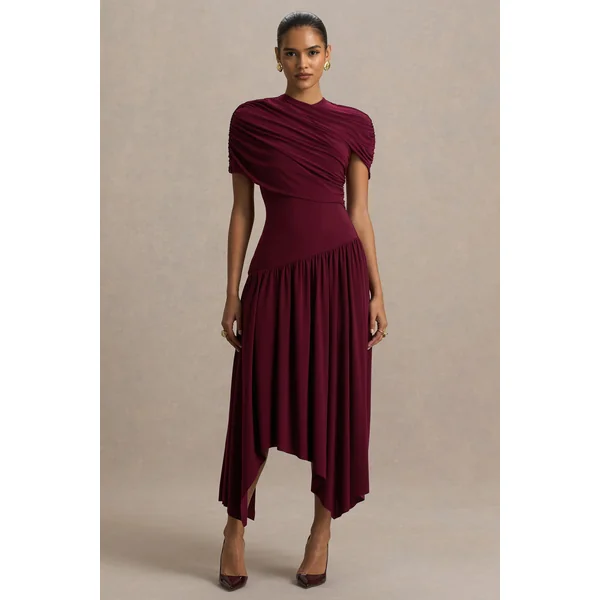 Ione | Robe mi-longue bordeaux portefeuille avec ourlet en pointes