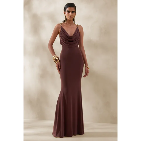 Iridessa | Robe longue brune à décolleté plongeant