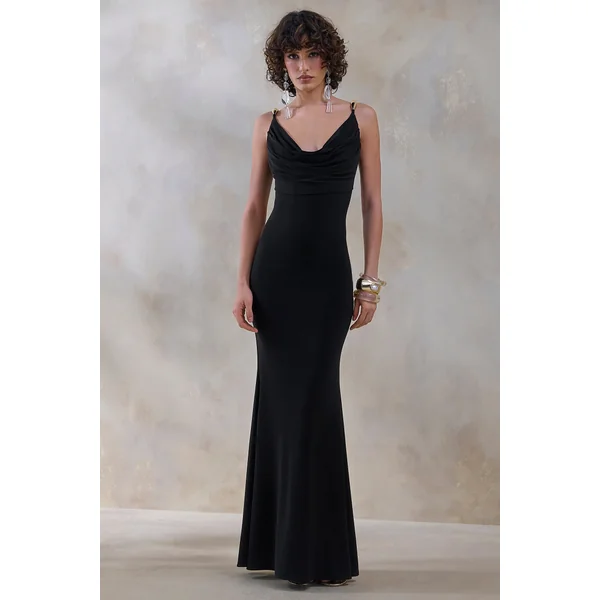 Iridessa | Robe longue noire à décolleté plongeant