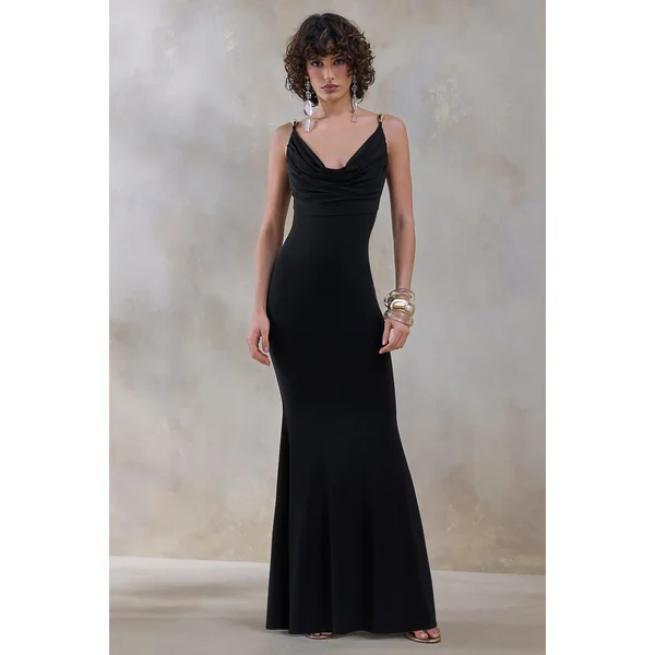 Iridessa | Robe longue noire à décolleté plongeant