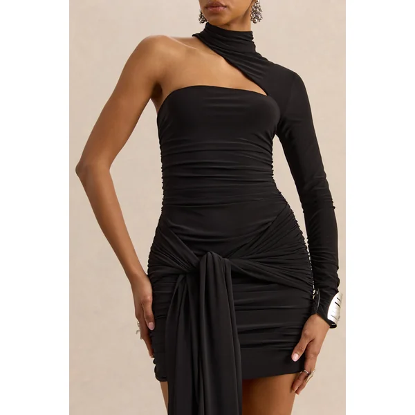 Irissia | Mini-robe noire à encolure asymétrique avec détail noué et ceinture