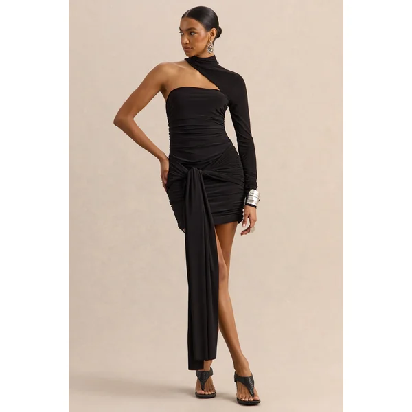 Irissia | Mini-robe noire à encolure asymétrique avec détail noué et ceinture