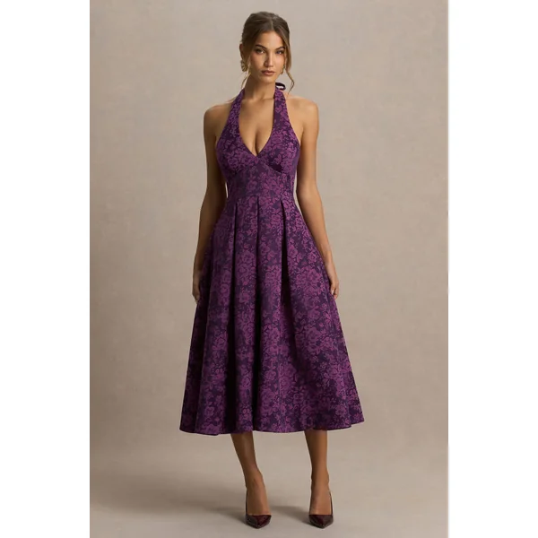 Isabeau | Robe mi-longue en satin bordeaux à décolleté plongeant