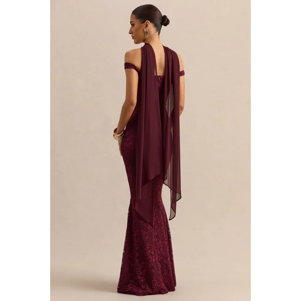 Iselle | Robe longue bordeaux en dentelle à encolure Bardot avec détail écharpe
