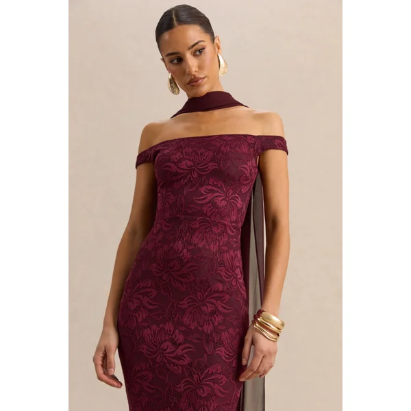 Iselle | Robe longue bordeaux en dentelle à encolure Bardot avec détail écharpe