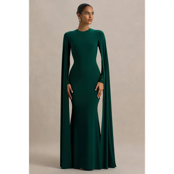 Isla | Robe longue à col rond vert bouteille avec manches cape