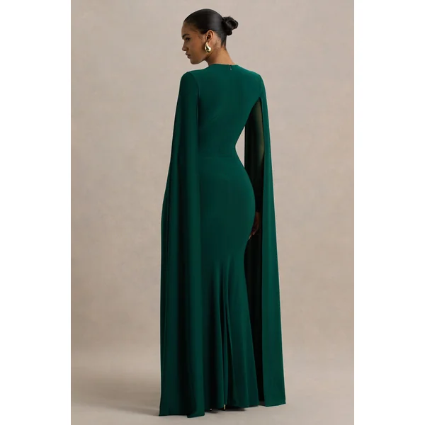 Isla | Robe longue à col rond vert bouteille avec manches cape