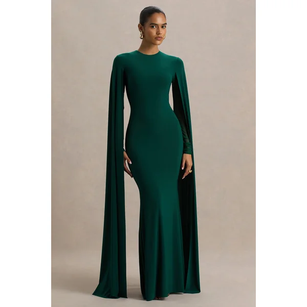 Isla | Robe longue à col rond vert bouteille avec manches cape