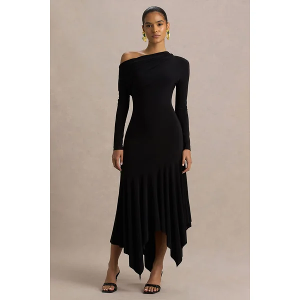 Isola | Robe mi-longue noire à décolleté asymétrique avec taille basse