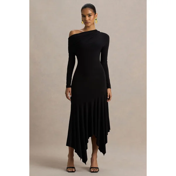 Isola | Robe mi-longue noire à décolleté asymétrique avec taille basse