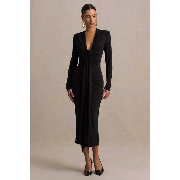Ivara | Robe noire à encolure plongeante avec fronces et ceinture