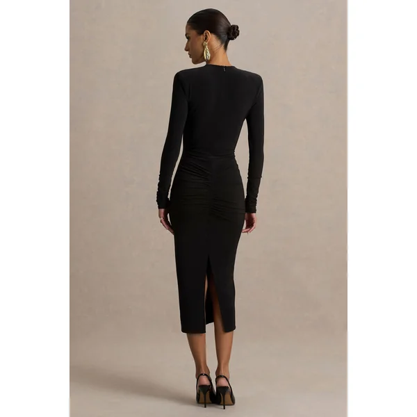 Ivara | Robe noire à encolure plongeante avec fronces et ceinture