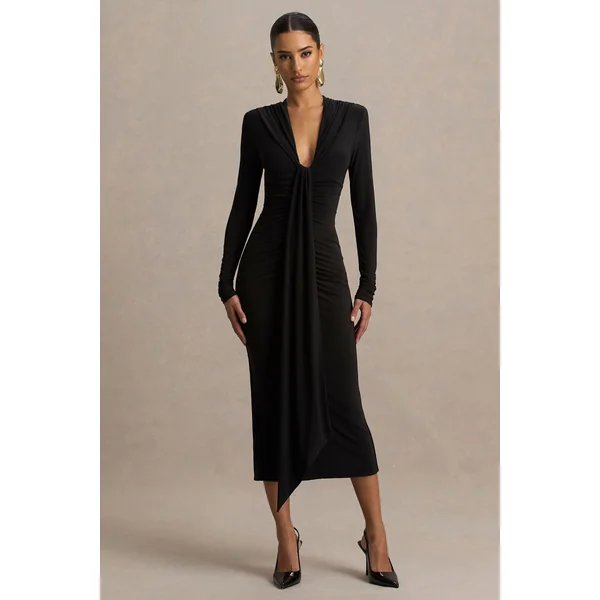 Ivara | Robe noire à encolure plongeante avec fronces et ceinture