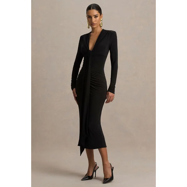 Ivara | Robe noire à encolure plongeante avec fronces et ceinture