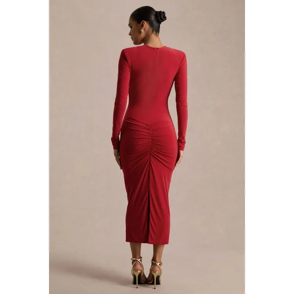 Ivara | Robe rouge à encolure plongeante avec fronces et ceinture
