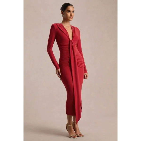 Ivara | Robe rouge à encolure plongeante avec fronces et ceinture