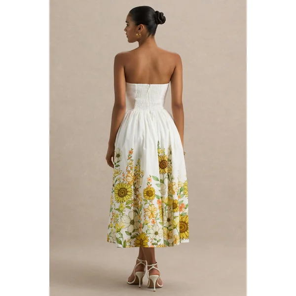 Ivory | Robe mi-longue bustier à imprimé tournesol ourlet asymétrique