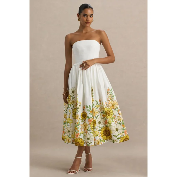 Ivory | Robe mi-longue bustier à imprimé tournesol ourlet asymétrique