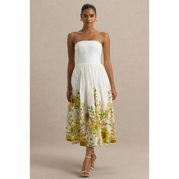 Ivory | Robe mi-longue bustier à imprimé tournesol ourlet asymétrique