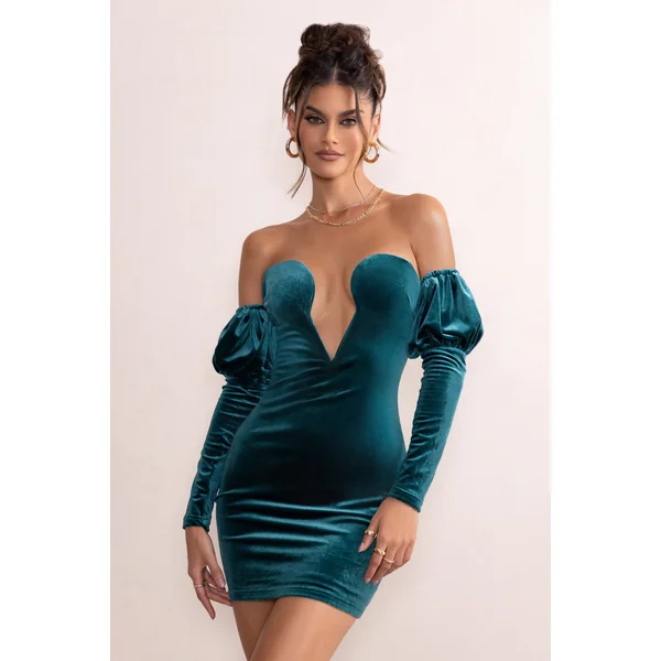 Ivy | Mini-robe en velours sarcelle avec manches bouffantes