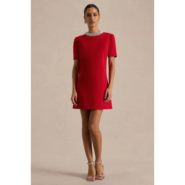 Jackie | Robe Mini Rouge à Encolure Haute Ornée de Strass