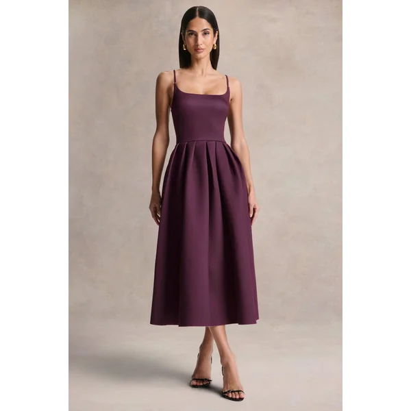 Jamila | Robe mi-longue prune à encolure arrondie