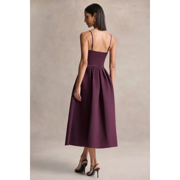 Jamila | Robe mi-longue prune à encolure arrondie