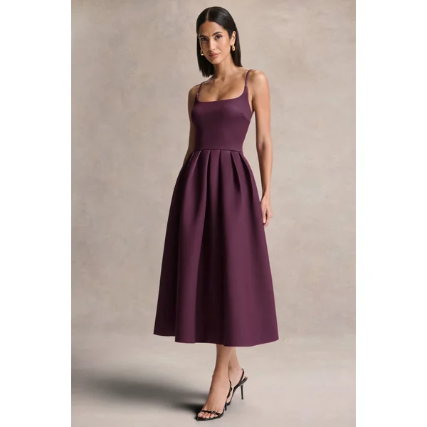 Jamila | Robe mi-longue prune à encolure arrondie