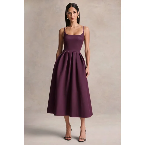 Jamila | Robe mi-longue prune à encolure arrondie
