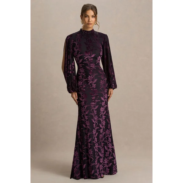 Janet | Robe longue devoré noir et bordeaux, col montant et découpes