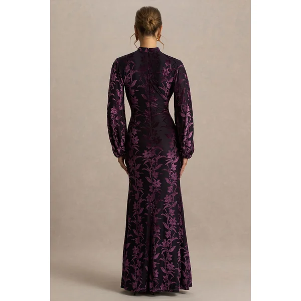 Janet | Robe longue devoré noir et bordeaux, col montant et découpes