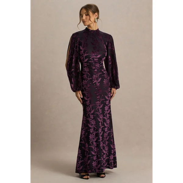 Janet | Robe longue devoré noir et bordeaux, col montant et découpes