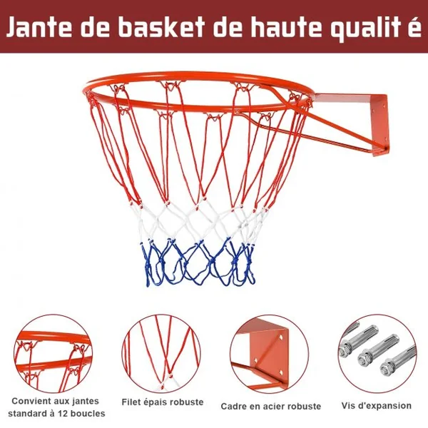 Jante de Basketball 46 CM Panier de Basket avec Filet en Nylon Fixation Murale pour Adultes/Enfants en Acier et PE