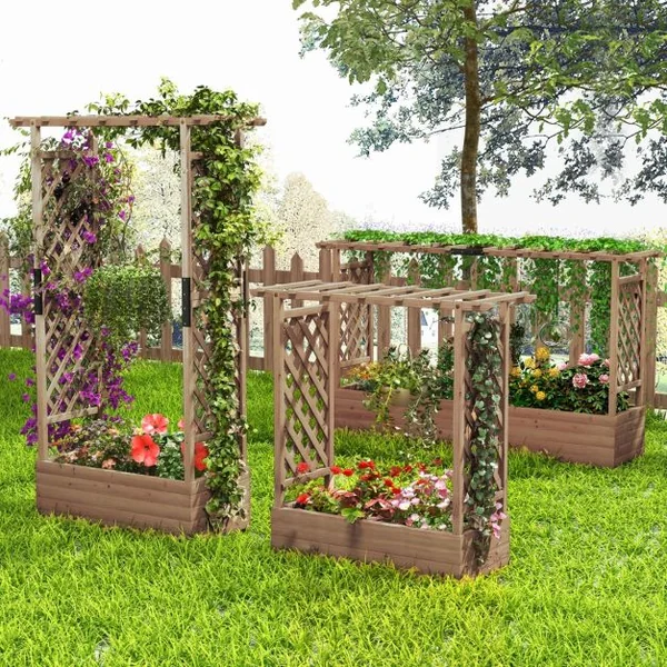 Jardinière avec 2 Treillis Latéraux Toit Suspendu en Bois de Sapin avec Trou de Drainage Lit de Jardin Surélevé 182x110x44cm Orange/Café/Naturel