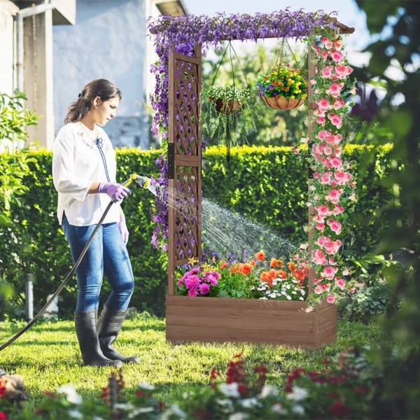 Jardinière avec 2 Treillis Latéraux Toit Suspendu en Bois de Sapin avec Trou de Drainage Lit de Jardin Surélevé 182x110x44cm Orange/Café/Naturel