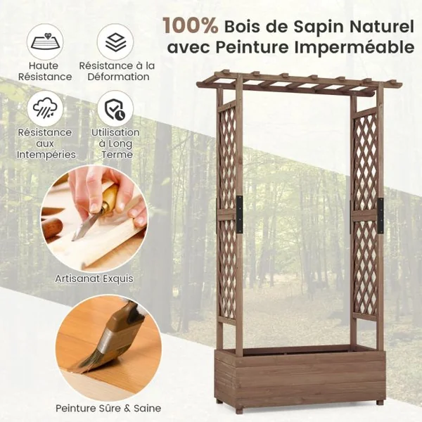 Jardinière avec 2 Treillis Latéraux Toit Suspendu en Bois de Sapin avec Trou de Drainage Lit de Jardin Surélevé 182x110x44cm Orange/Café/Naturel