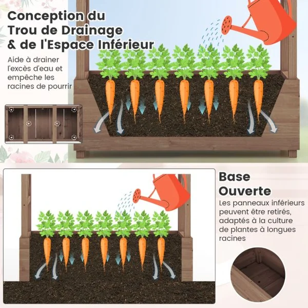 Jardinière avec 2 Treillis Latéraux Toit Suspendu en Bois de Sapin avec Trou de Drainage Lit de Jardin Surélevé 182x110x44cm Orange/Café/Naturel