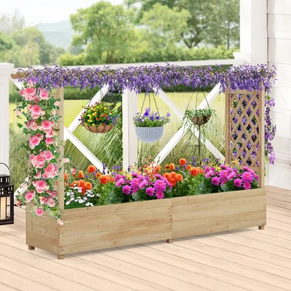 Jardinière avec 2 Treillis Latéraux Toit Suspendu en Bois de Sapin avec Trou de Drainage Lit de Jardin Surélevé 200,5x113,5x44cm Orange/Naturel