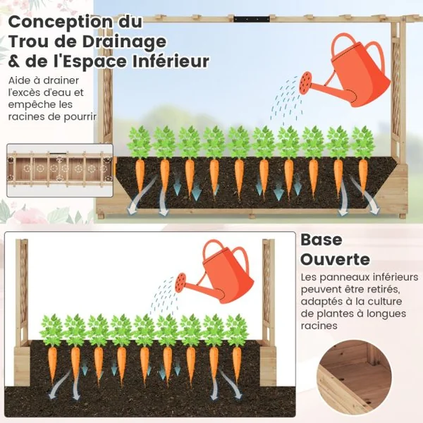 Jardinière avec 2 Treillis Latéraux Toit Suspendu en Bois de Sapin avec Trou de Drainage Lit de Jardin Surélevé 200,5x113,5x44cm Orange/Naturel