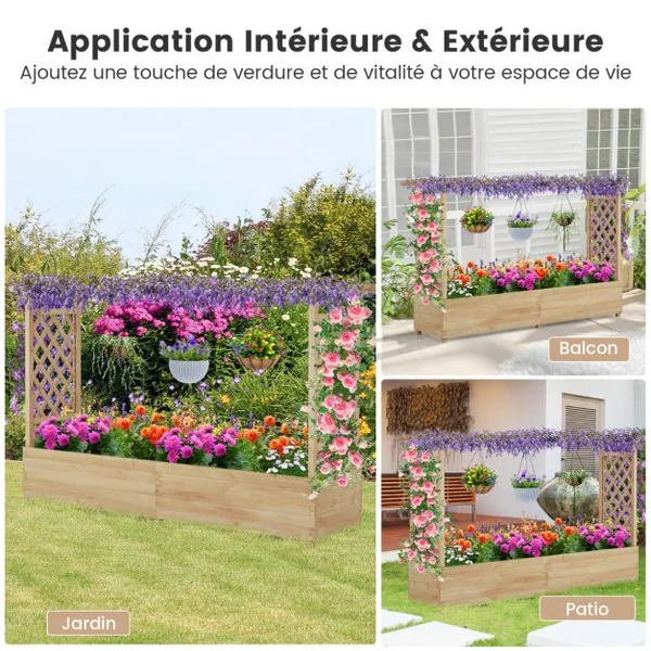 Jardinière avec 2 Treillis Latéraux Toit Suspendu en Bois de Sapin avec Trou de Drainage Lit de Jardin Surélevé 200,5x113,5x44cm Orange/Naturel