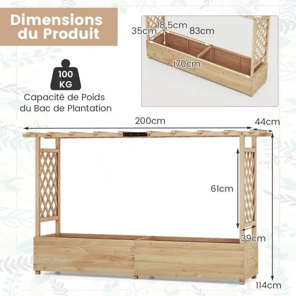 Jardinière avec 2 Treillis Latéraux Toit Suspendu en Bois de Sapin avec Trou de Drainage Lit de Jardin Surélevé 200,5x113,5x44cm Orange/Naturel