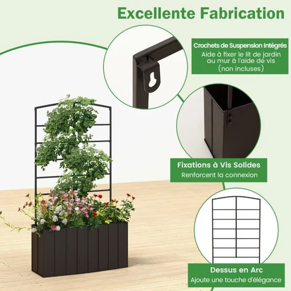 Jardinière avec Treillis de 111 CM en Métal Bac à Fleurs pour Plante Grimpante Vigne avec Espace de Plantation de 34 L