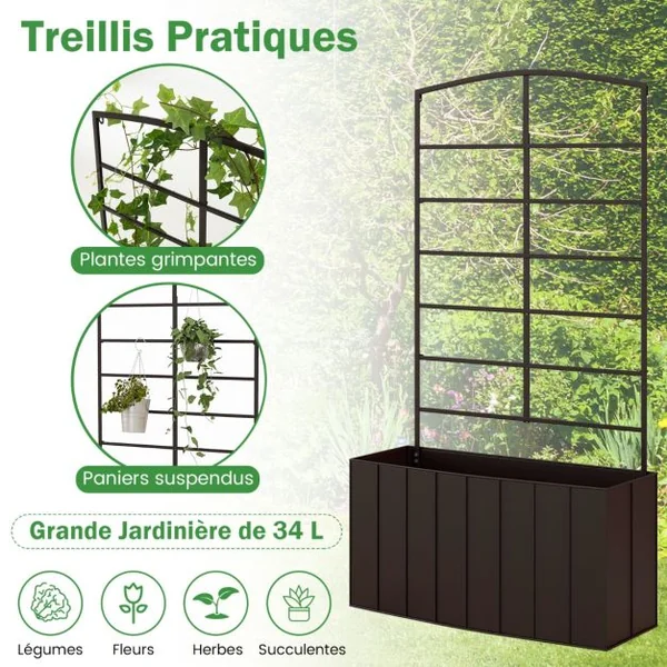 Jardinière avec Treillis de 111 CM en Métal Bac à Fleurs pour Plante Grimpante Vigne avec Espace de Plantation de 34 L